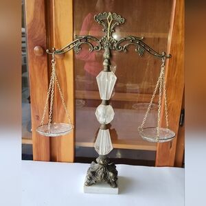 Vintage Scales Of Justice Elegant Brass Clear Crystals Decorative Balance Scale